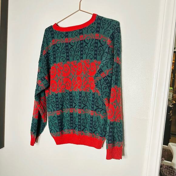 Vintage Tarrazia Red Green Holiday Crewneck Longsleeve Geometric Sweater Size M - Picture 3 of 10